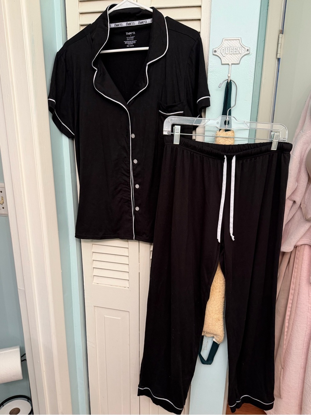Born Black Short-Sleeve Pajama Set with White Piping
